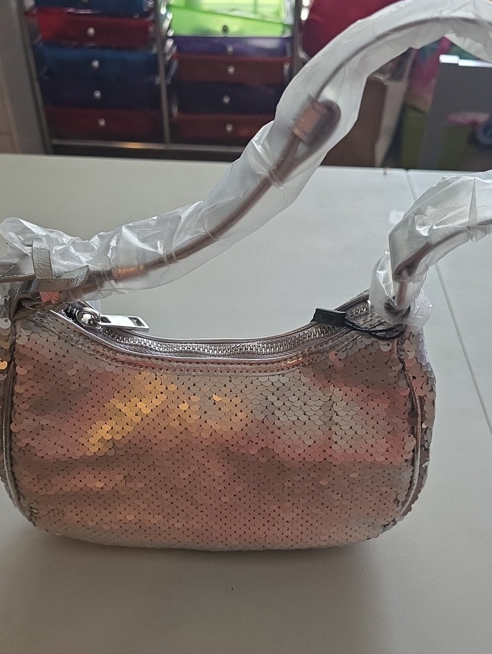 Iridescent Sequin Mini Shoulder Bag in Pink